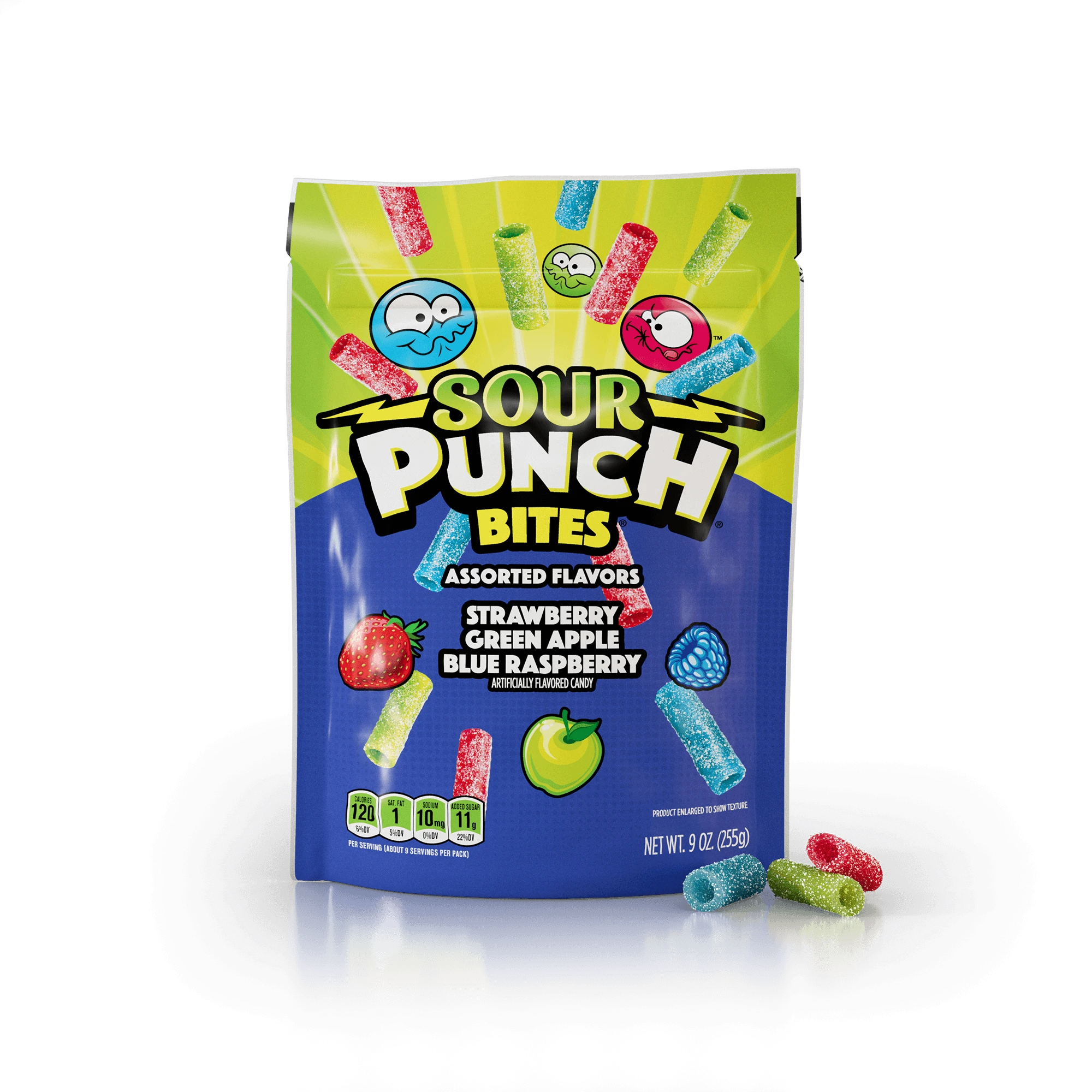 Sour Punch Bites Share Size Bag with assorted red, blue, and green sour candy pieces in front