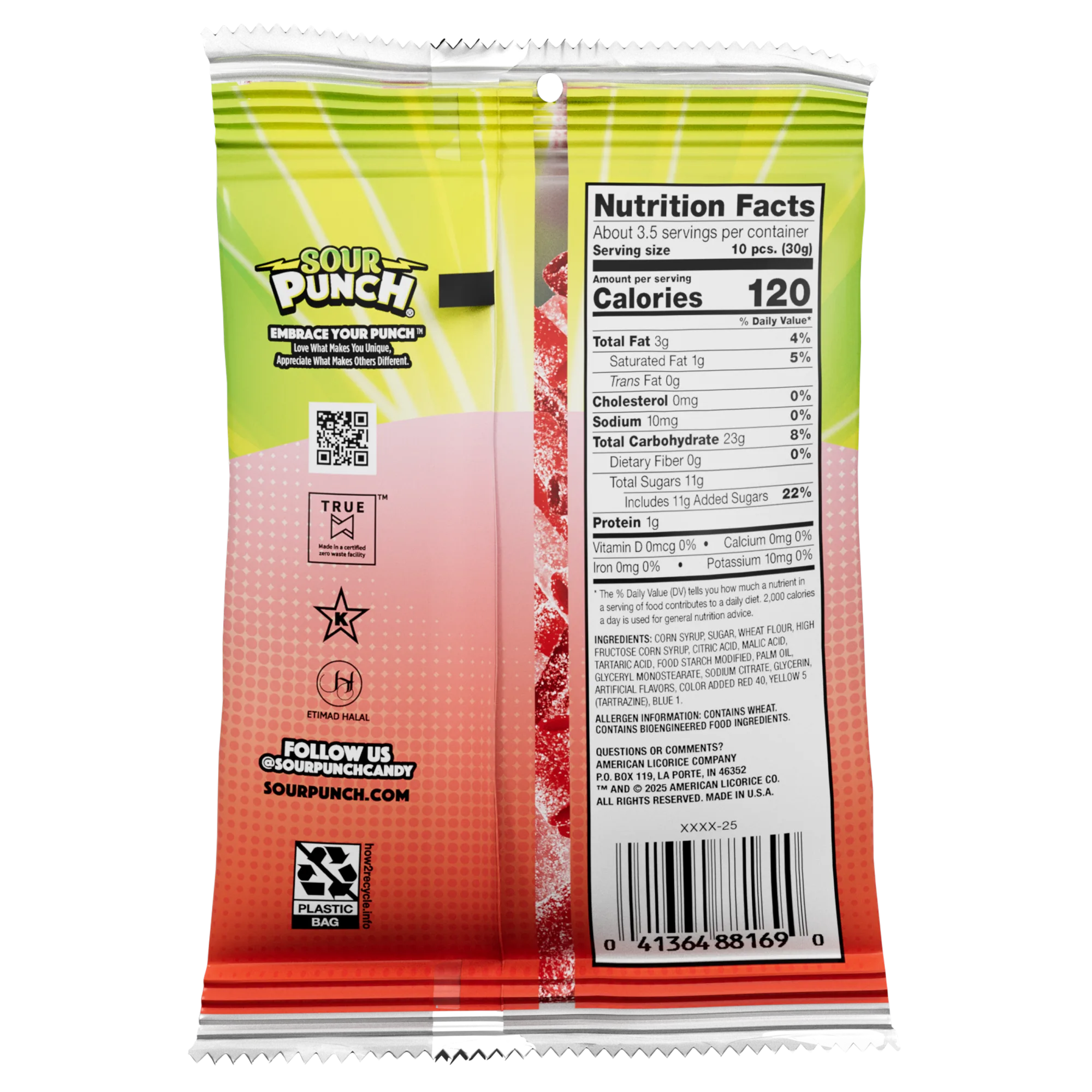 Back of Sour Punch Bites Rad Reds candy in a 3.7oz bag with a nutritional facts label