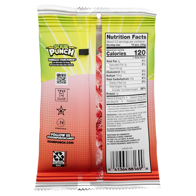 Back of Sour Punch Bites Rad Reds candy in a 3.7oz bag with a nutritional facts label