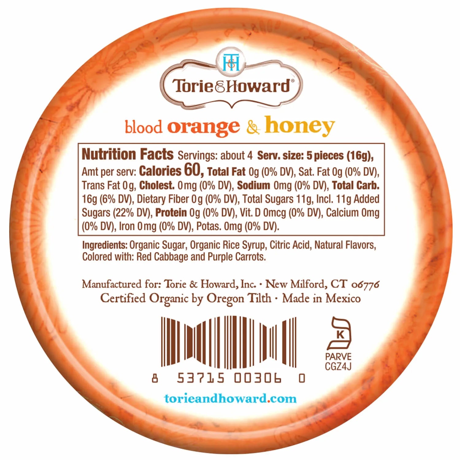 Torie & Howard Blood Orange & Honey Organic Hard Candy, Back of 2oz Tin