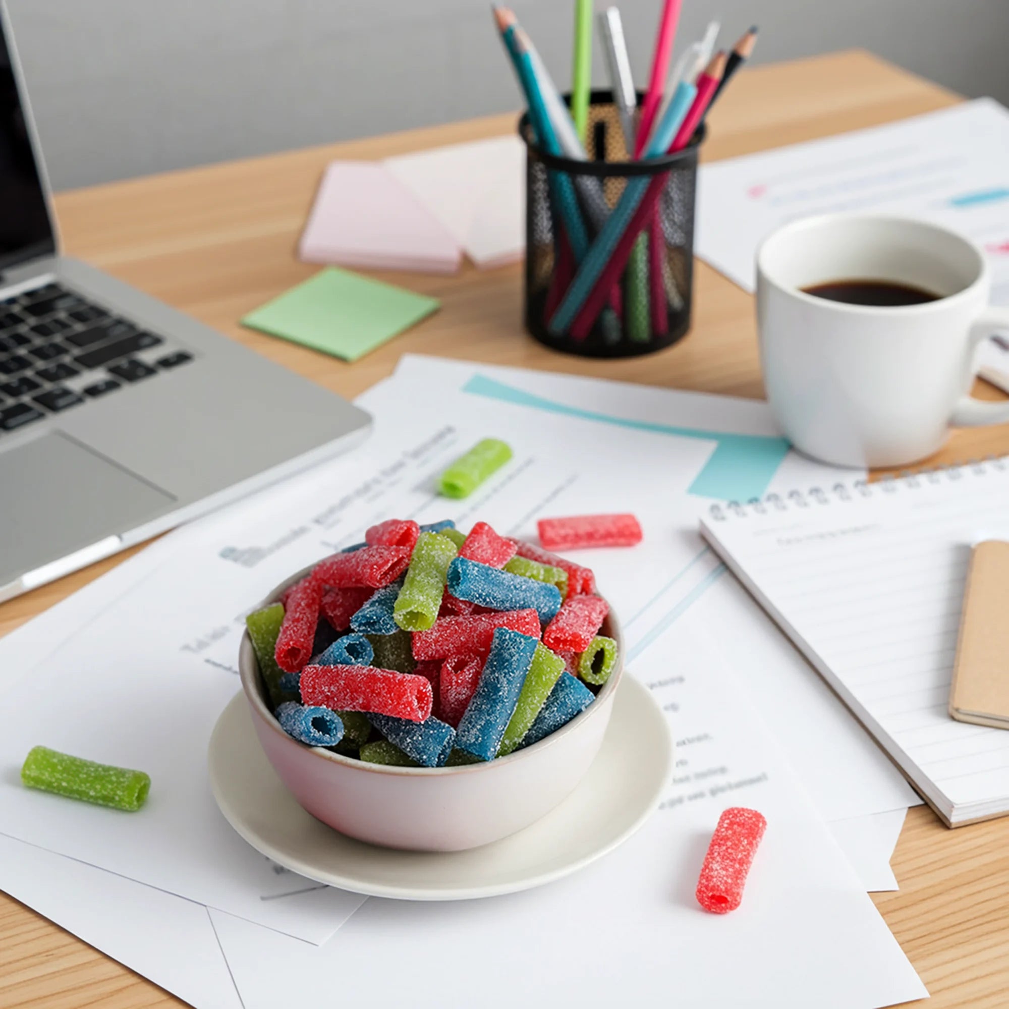 Bowl of sugar coated assorted colored candy bites on an office desk