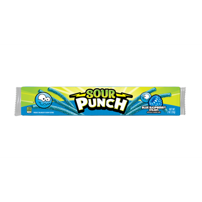 Front of Sour Punch Blue Raspberry Candy Straws 2oz Tray