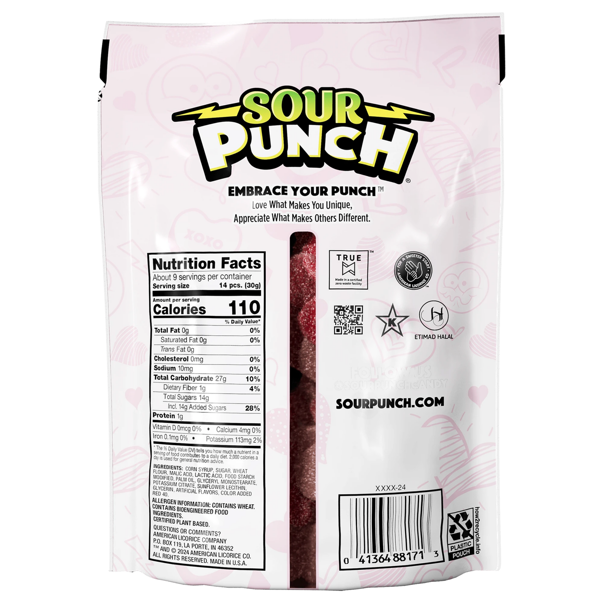 Back of Sour Punch Hearts Valentine's Day Candy 9oz Bag