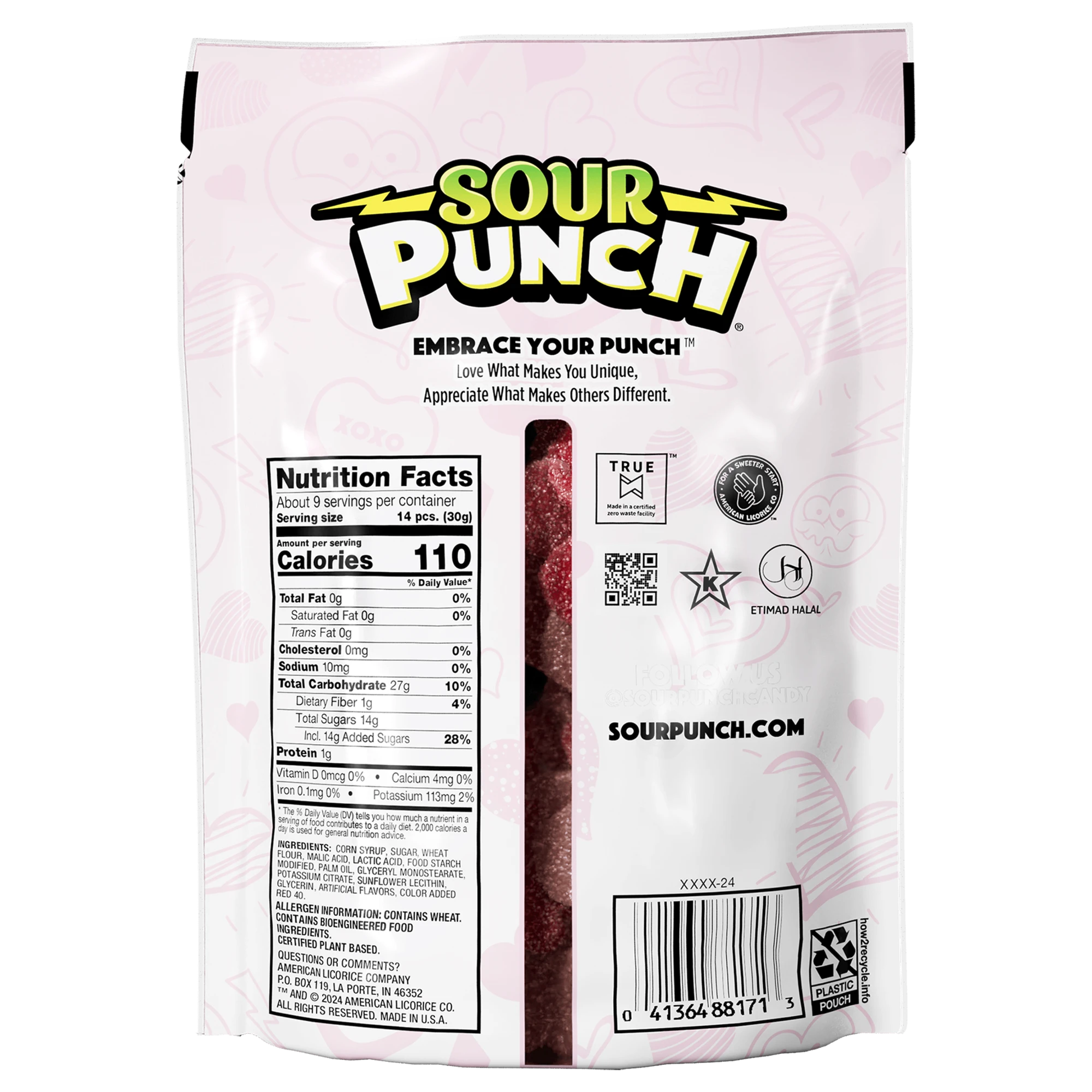 Back of Sour Punch Hearts Valentine's Day Candy 9oz Bag