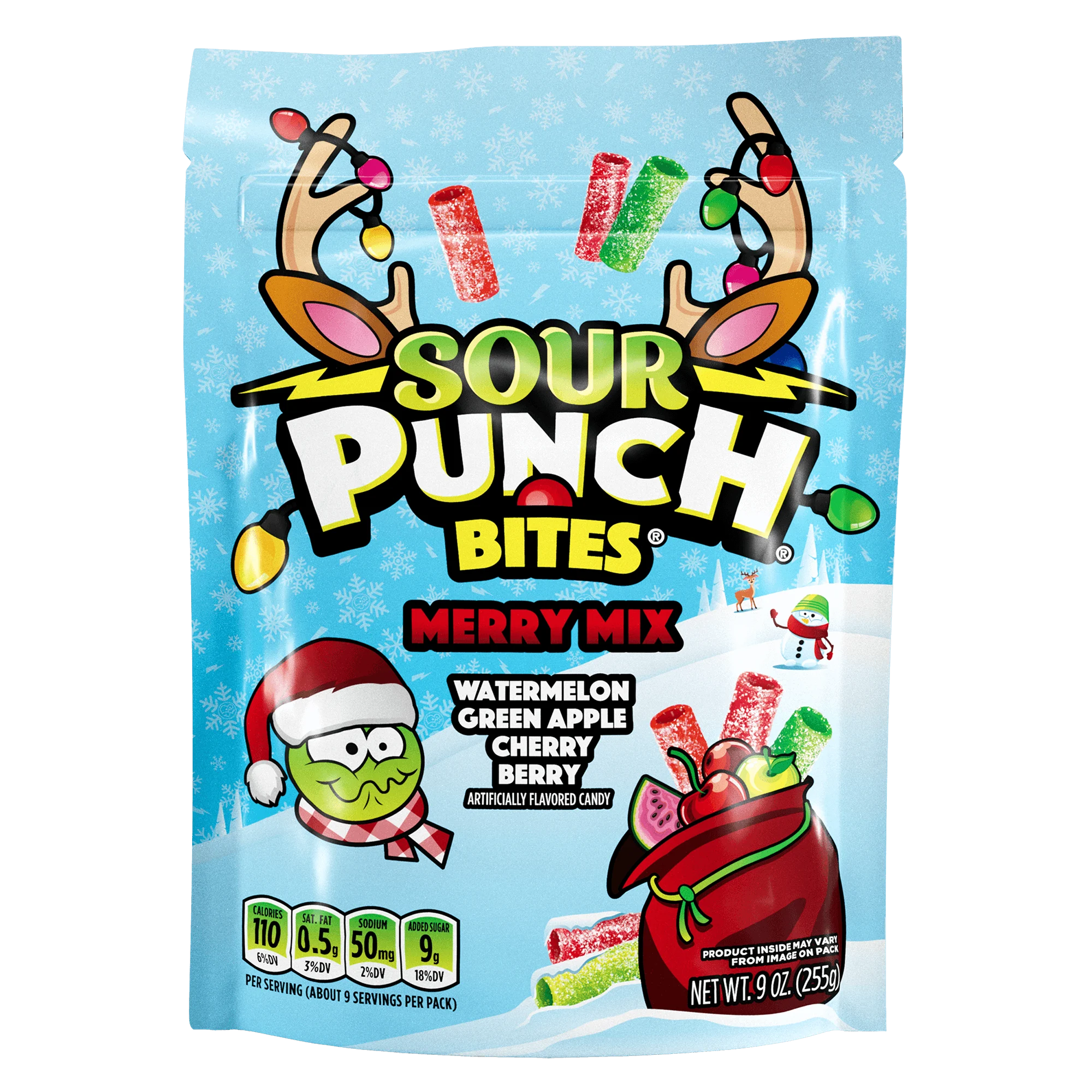 SOUR PUNCH Merry Mix Bites holiday candy - front of festive candy bag