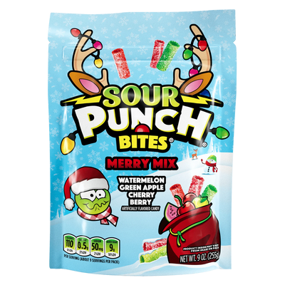 SOUR PUNCH Merry Mix Bites holiday candy - front of festive candy bag
