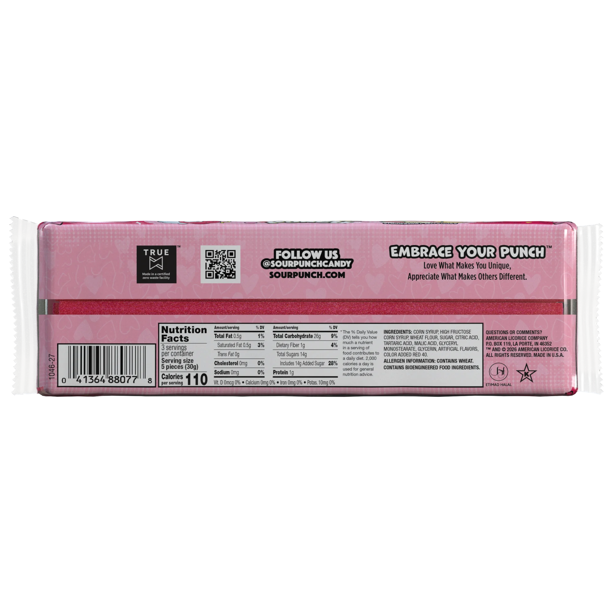 Back of SOUR PUNCH Cupid Straws valentine's day candy tray