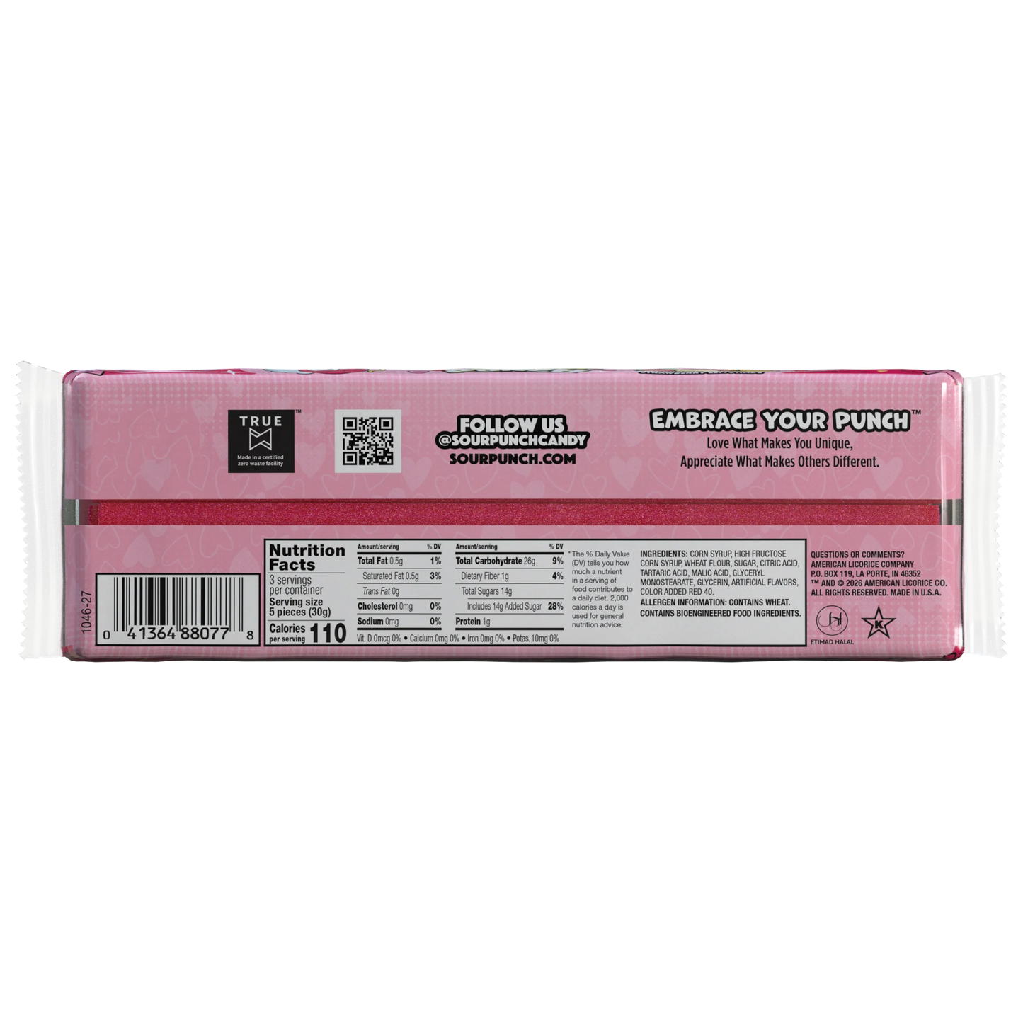 Back of SOUR PUNCH Cupid Straws valentine's day candy tray