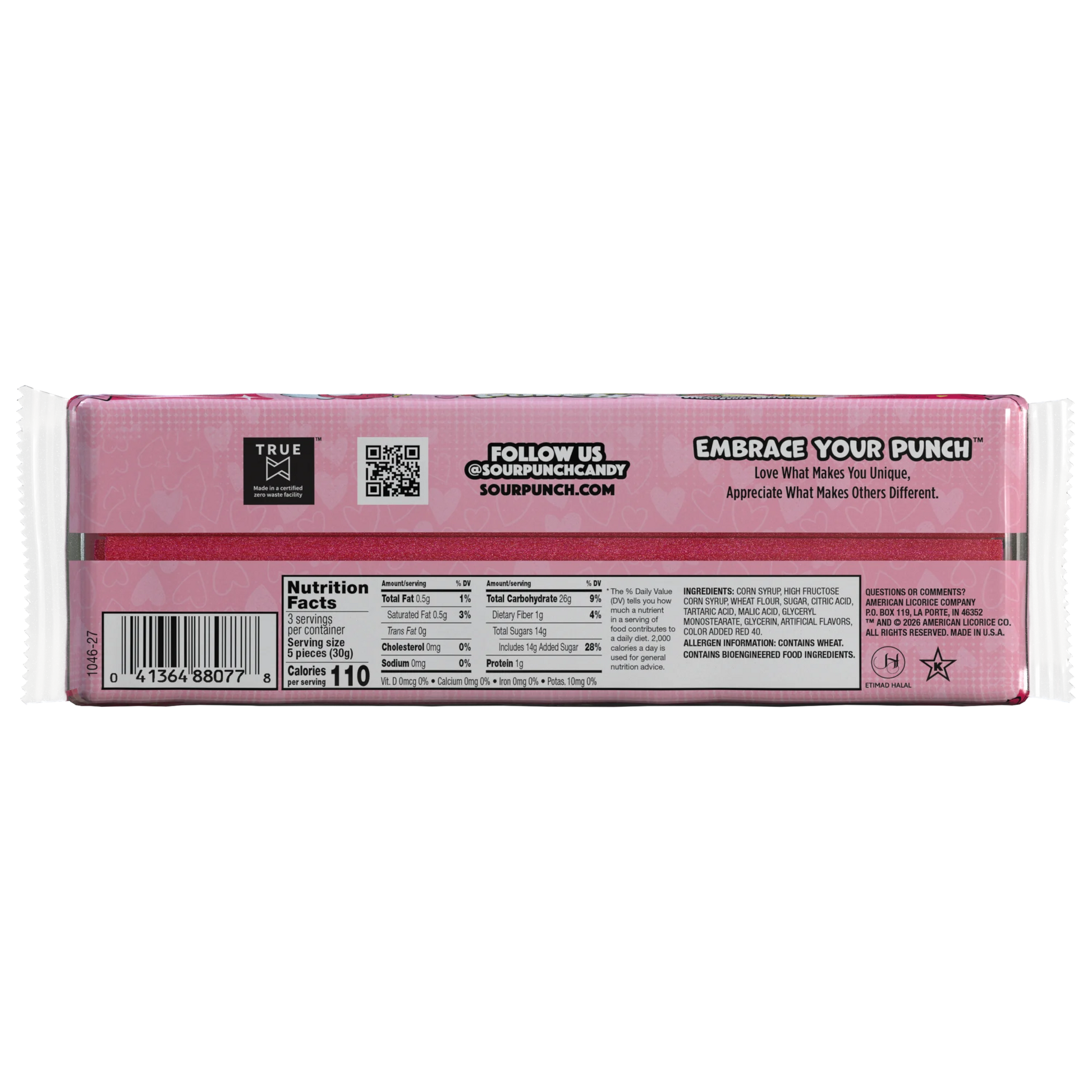 Back of SOUR PUNCH Cupid Straws valentine's day candy tray