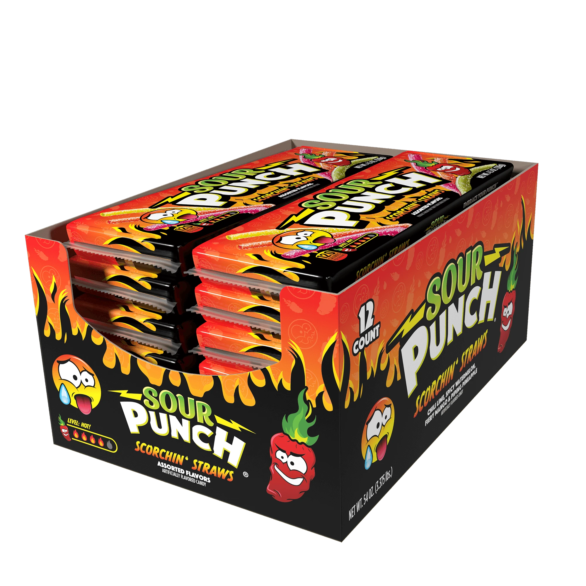 12 pack of Sour Punch Scorchin' Straws Candy 4.5oz Trays