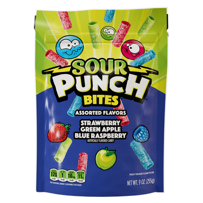 Front of Sour Punch Bites Share Size Bag of Assorted Sour Candy Straw Pieces