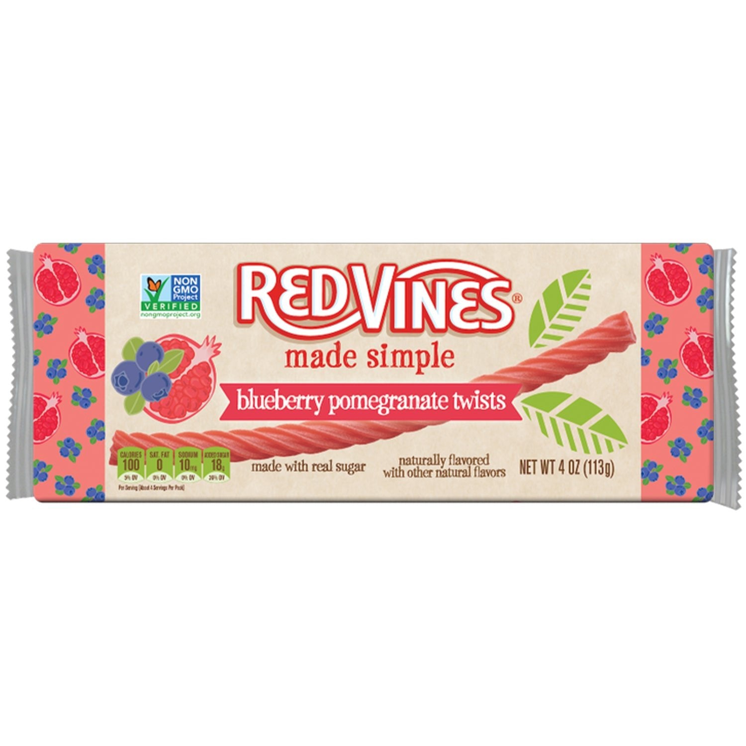 Red Vines Made Simple blueberry pomegranate twists candy package on a white background