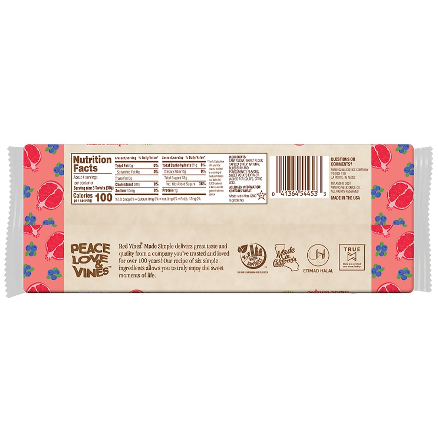 Red Vines Made Simple blueberry pomegranate twists package with nutritional facts and ingredients