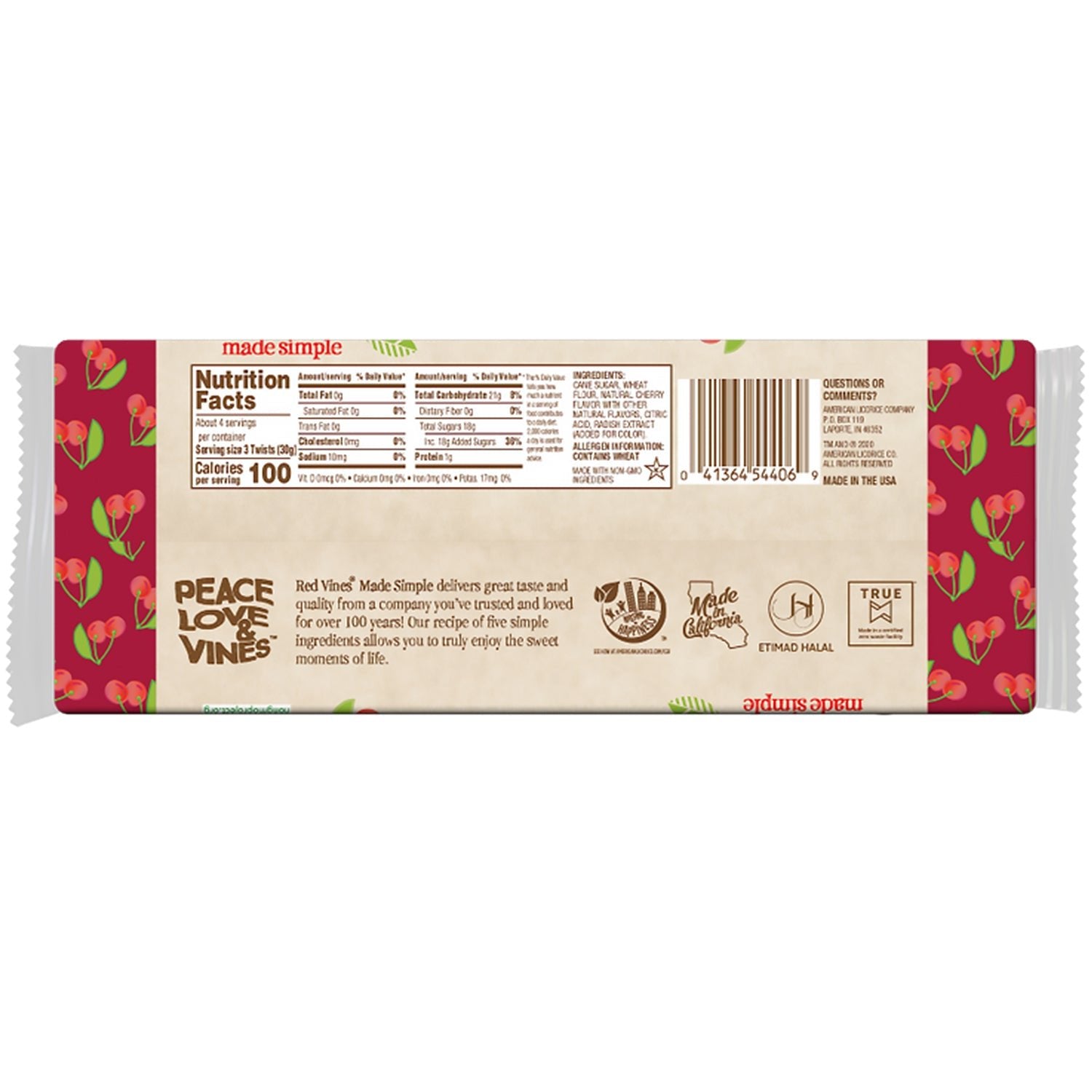 Red Vines Made Simple cherry twists package with nutritional facts and ingredients