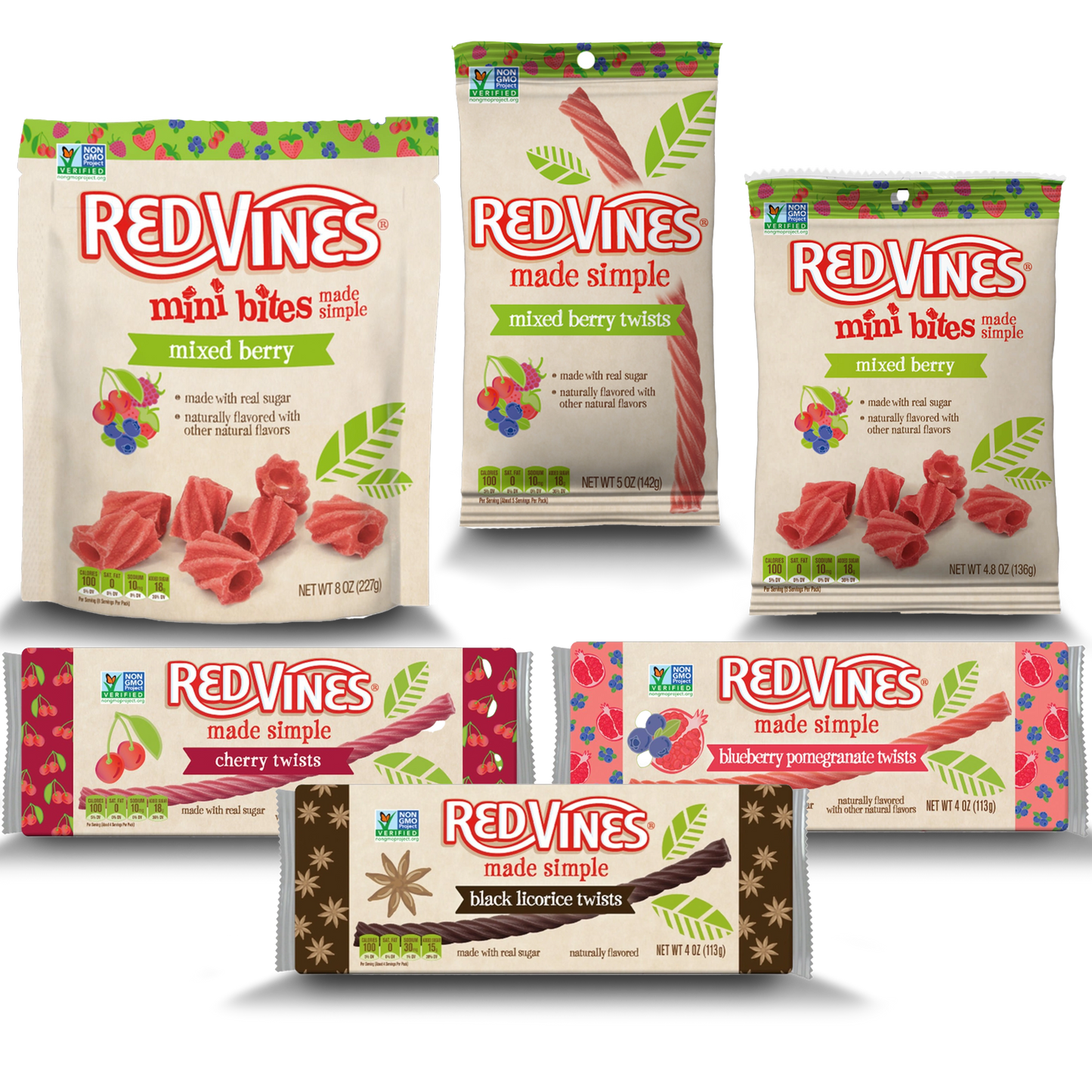 Assorted Red Vines Made Simple candy packages on a white background