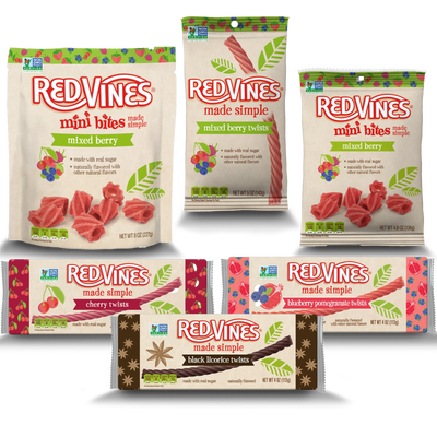 Assorted Red Vines Made Simple candy packages on a white background