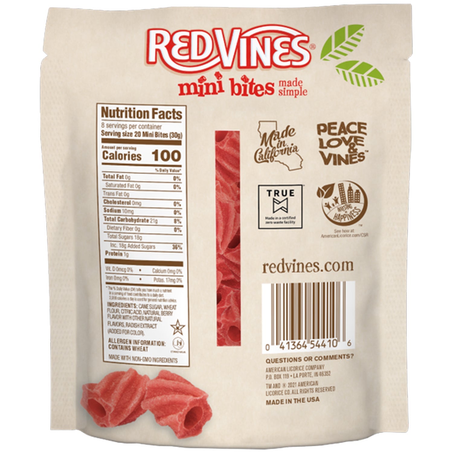 Red Vines mini bites packaging with nutrition facts and branding details.