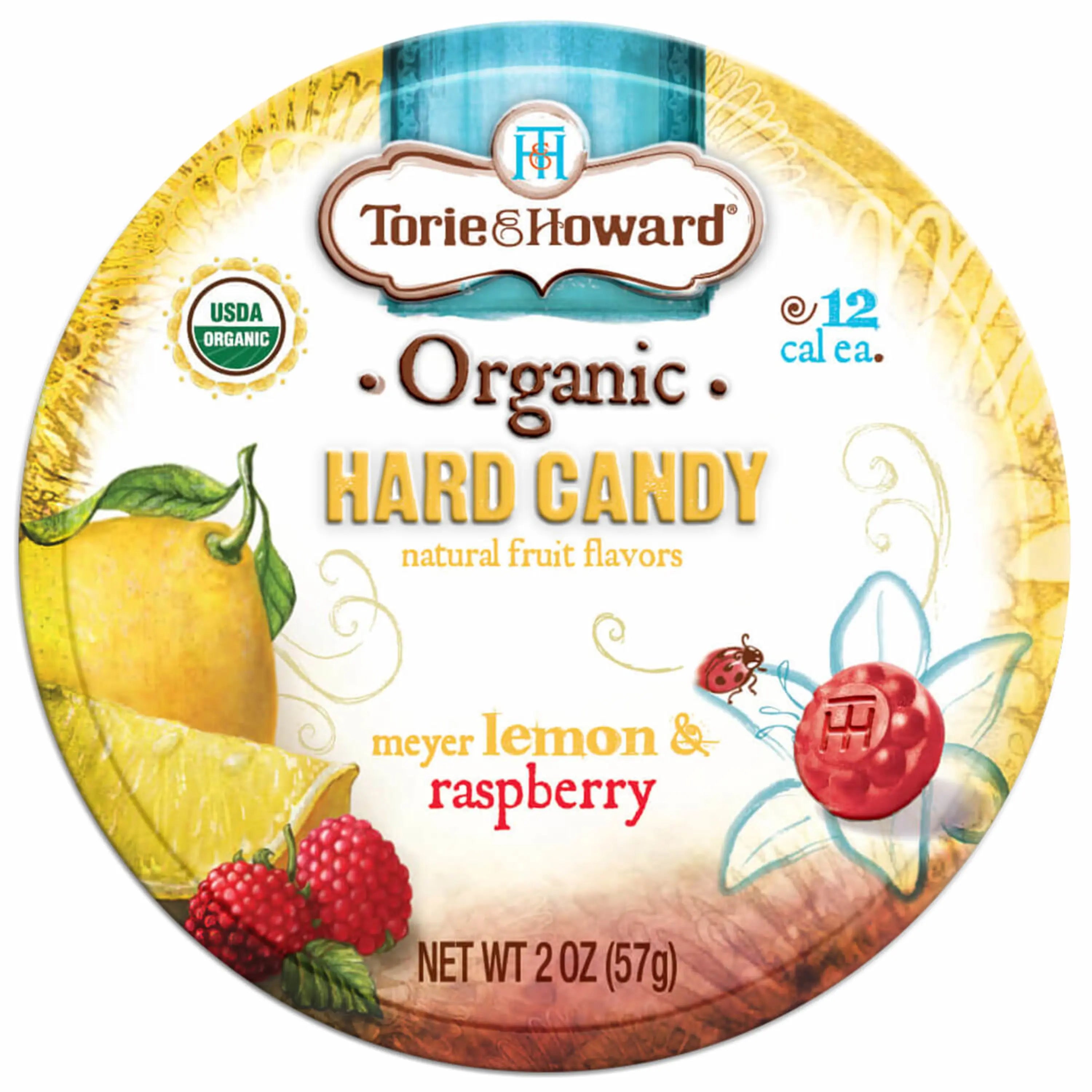 Torie & Howard Meyer Lemon & Raspberry Organic Hard Candy, Front of 2oz Tin