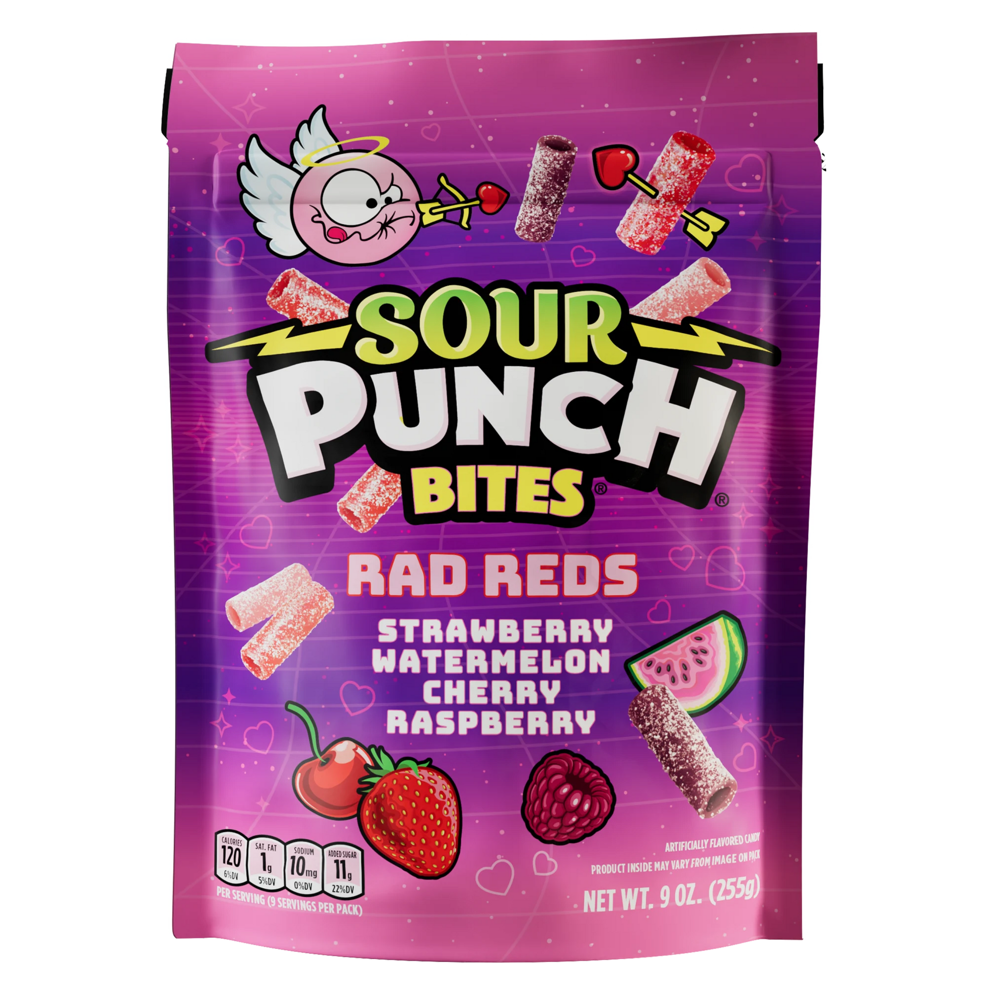 Front of SOUR PUNCH Rad Reds Valentine's Day Candy Bites 9oz bag