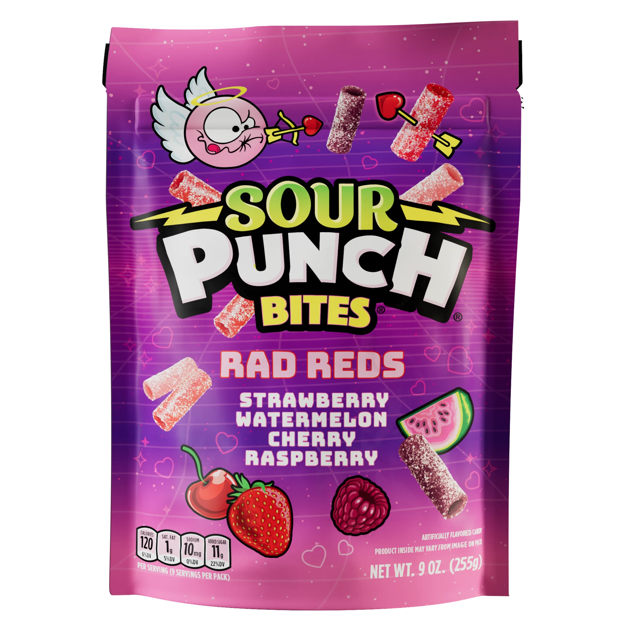 Front of SOUR PUNCH Rad Reds Valentine's Day Candy Bites 9oz bag