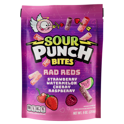 Front of SOUR PUNCH Rad Reds Valentine's Day Candy Bites 9oz bag
