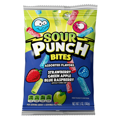 Front of Sour Punch Bites Bag of Assorted Sour Candy Straw Bites