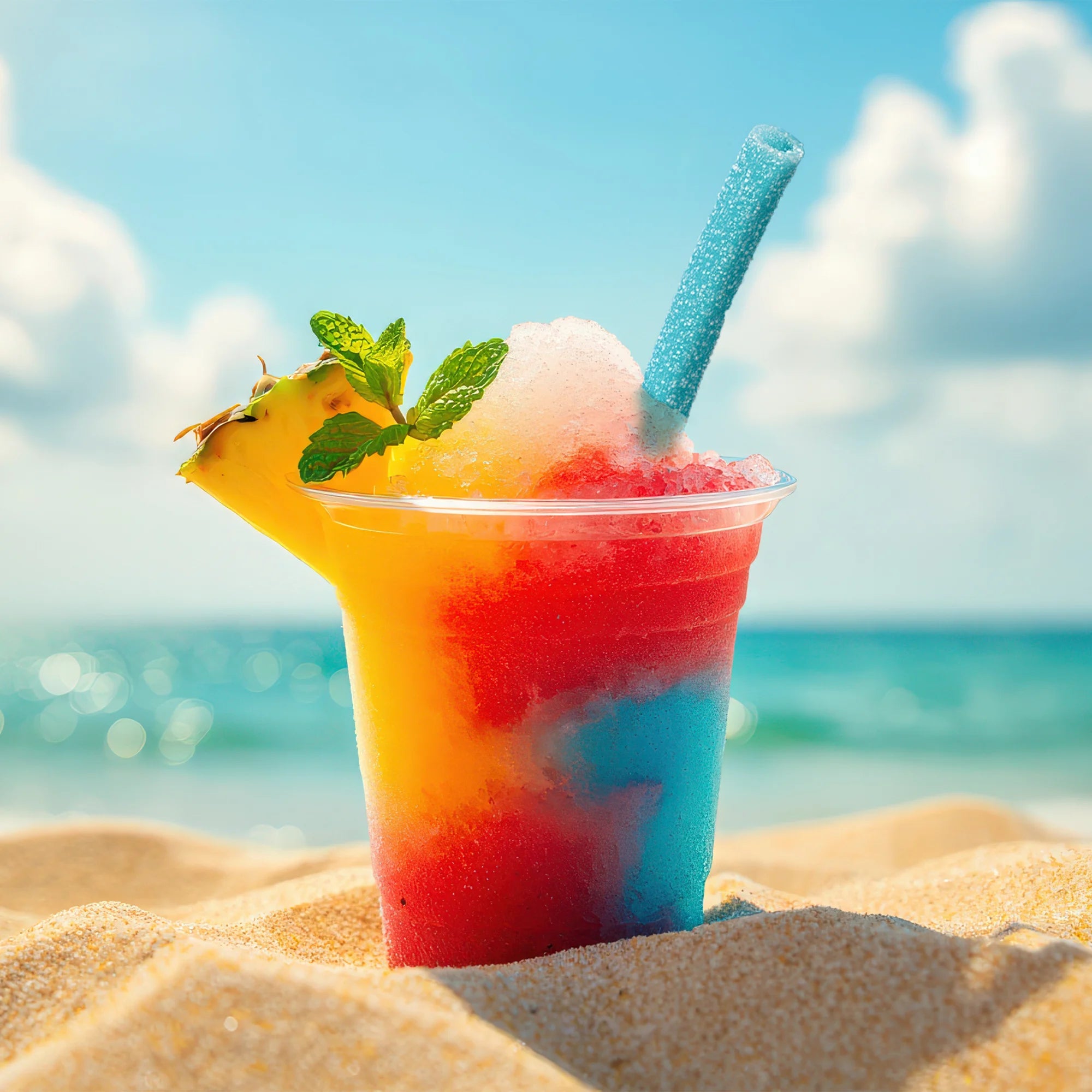 Tri-colored slushie drink at the beach with Sour Punch Blue Raspberry Sip-N-Chew Candy as the straw
