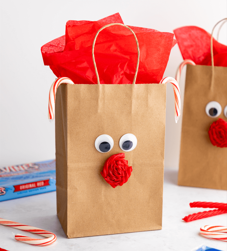 Treat bag decorated with Red Vines and googly eyes to look like Rudolph