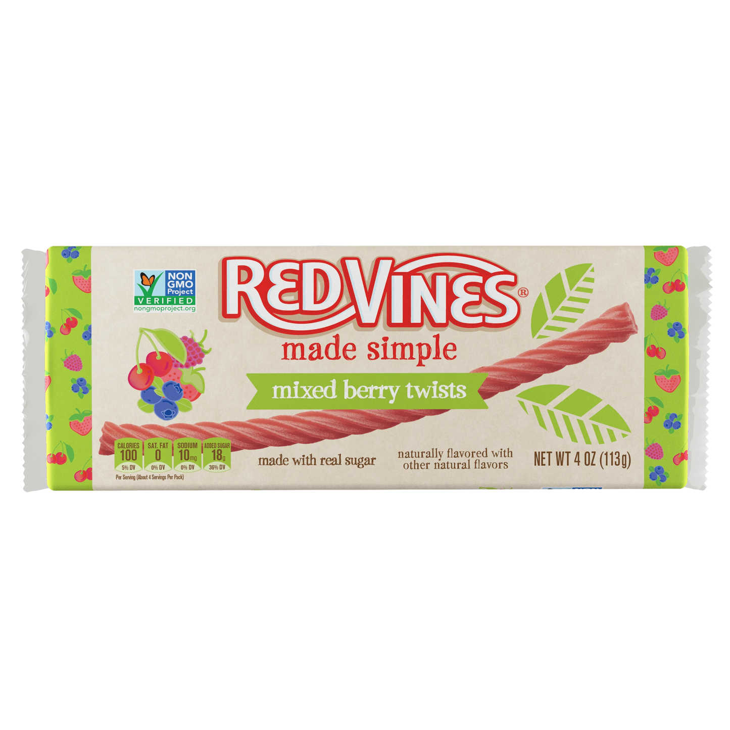 Front of RED VINES Made Simple Berry Twists 4oz Tray