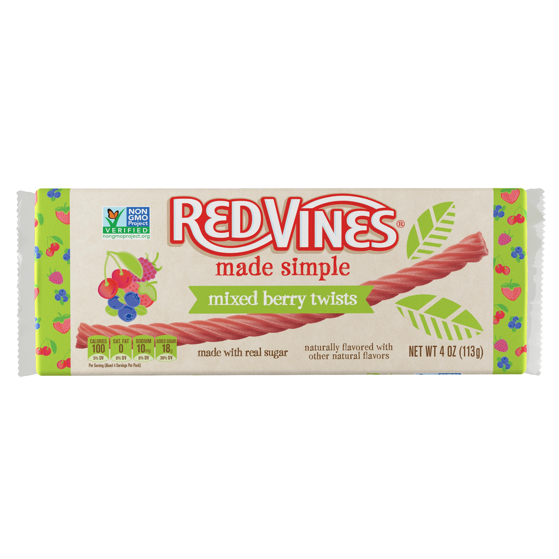 Front of RED VINES Made Simple Berry Twists 4oz Tray