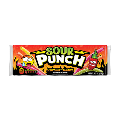 Front of Sour Punch Scorchin' Straws Candy 4.5oz Tray