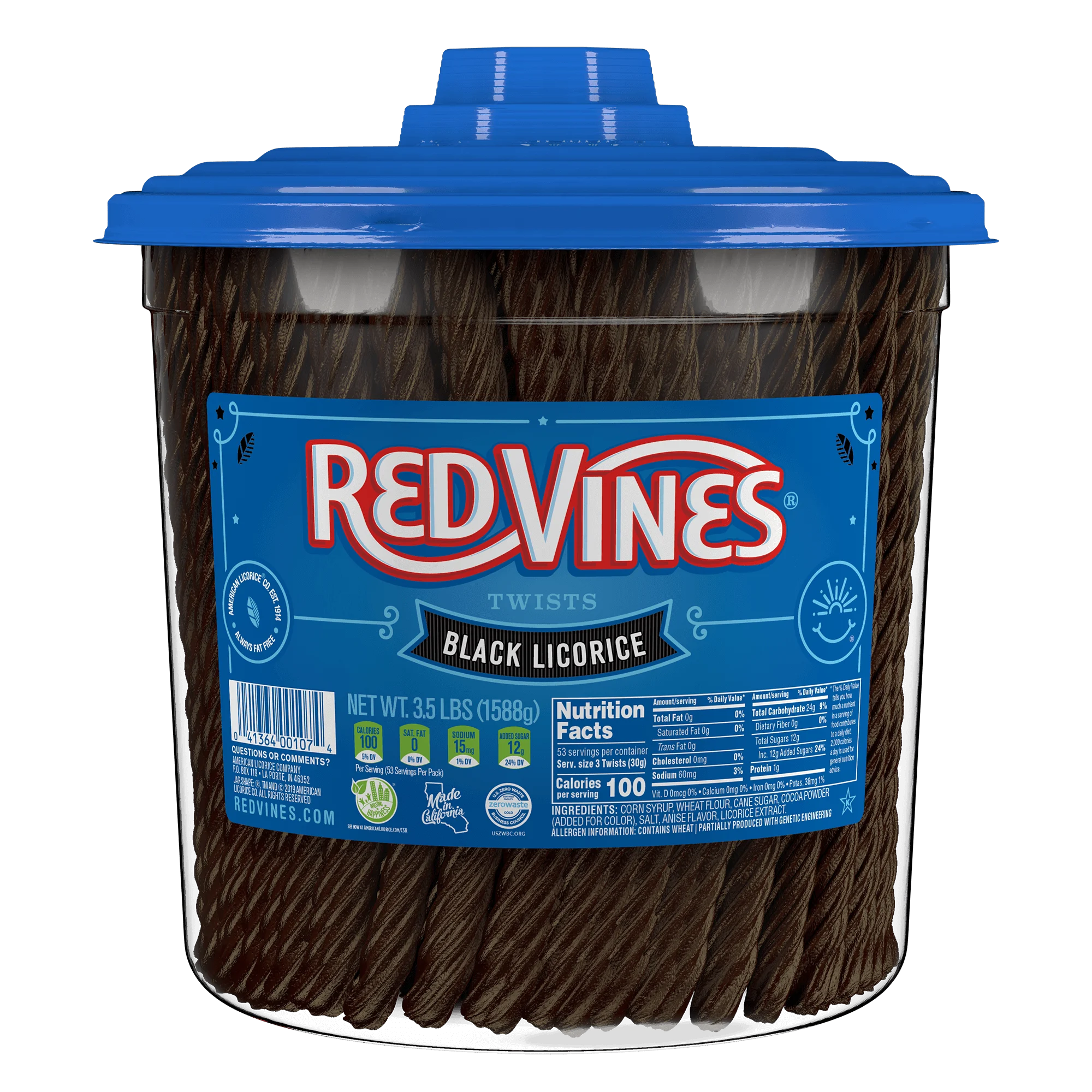 Front of RED VINES  Black Licorice 3.5 Pound Jar