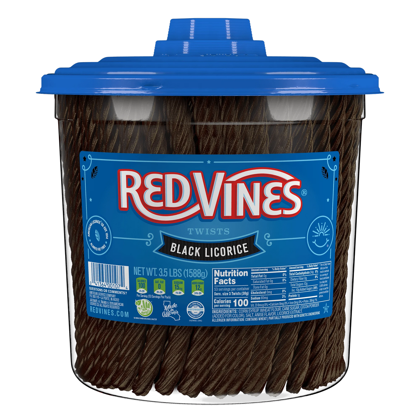 Front of RED VINES  Black Licorice 3.5 Pound Jar