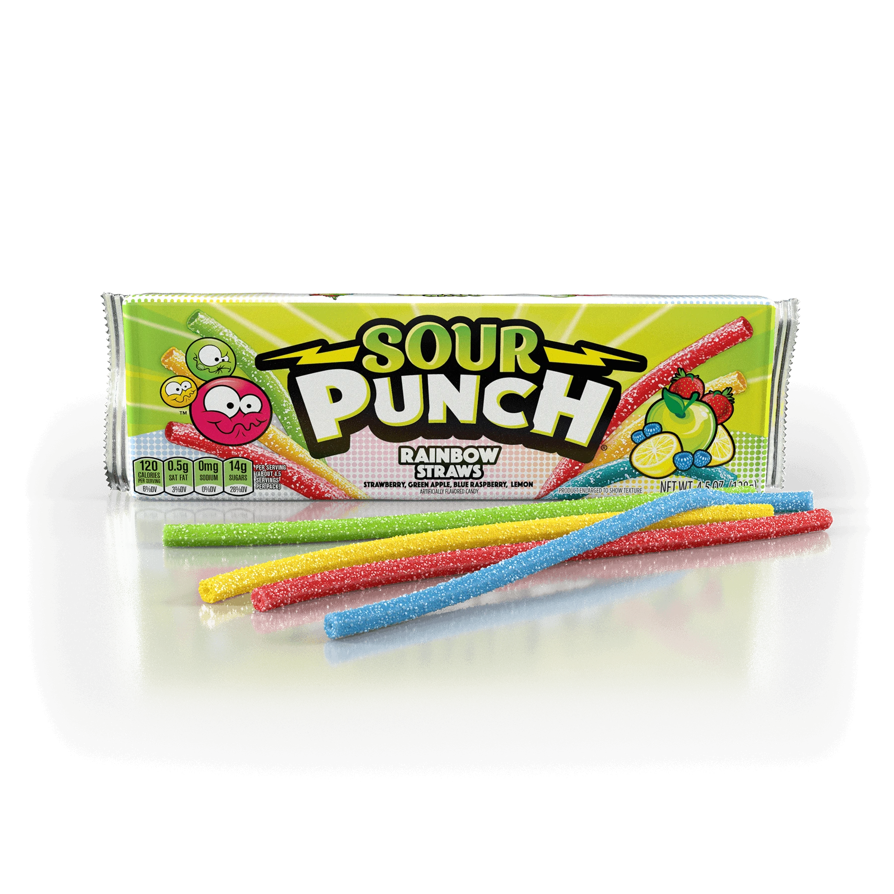 Sour Punch Rainbow Straws 4.5oz Tray with red, blue, yellow, and green sour candy straws in front