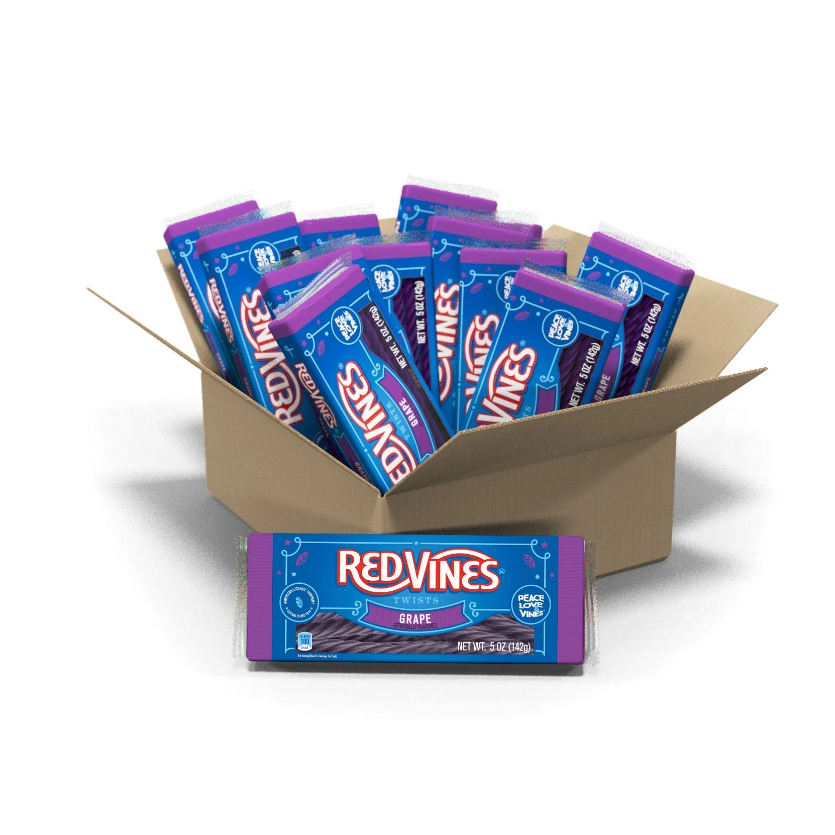 12 count box of RED VINES Grape Licorice Twists 5oz trays