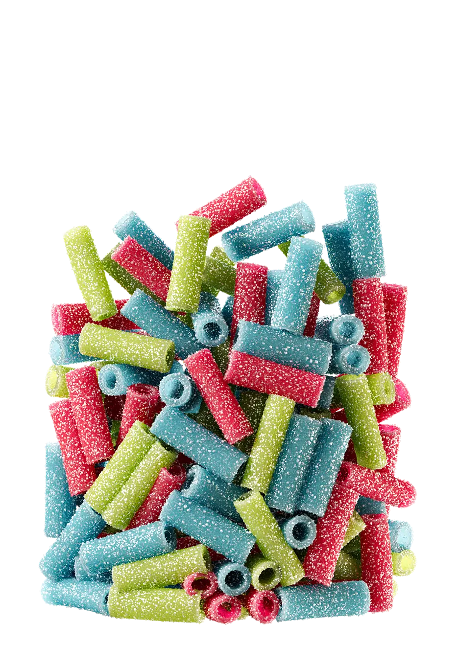 Red, Blue, and Green bite sized candy with a sour sugar coating inside an open bag of Sour Punch
