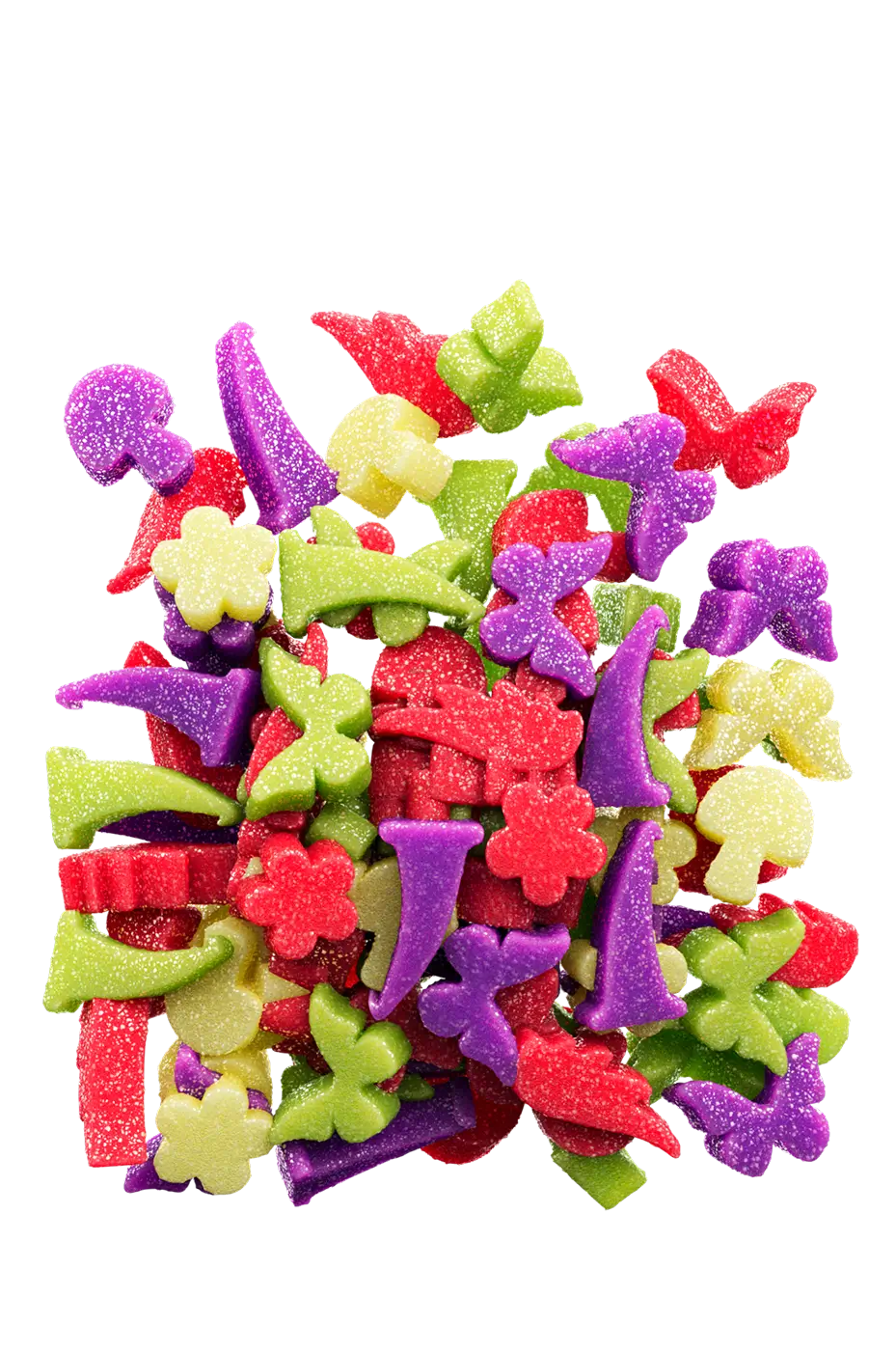 Sour coated Enchanted Forest Shapes found inside a Sour Punch bag. Butterflies, Mushrooms, Fairy Wings, and Gnome Hats