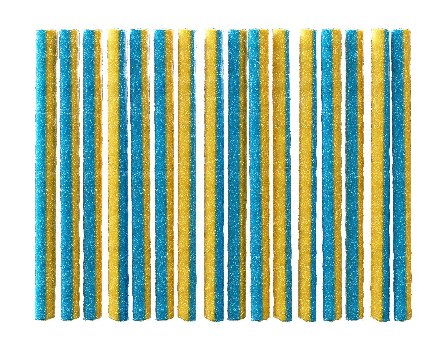 Half Blue, half yellow sugar coated candy straws with a white filling that's found insde a Sour Punch Filled Straws package'