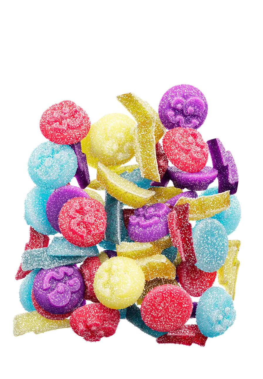 Red, Blue, and Green bite sized candy with a sour sugar coating inside an open bag of Sour Punch