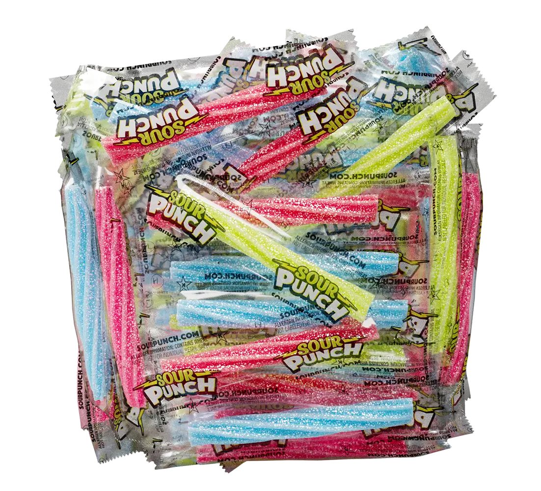 Red, Blue, and Green individually wrapped candy twists with a sour sugar coating inside an open jar of Sour Punch