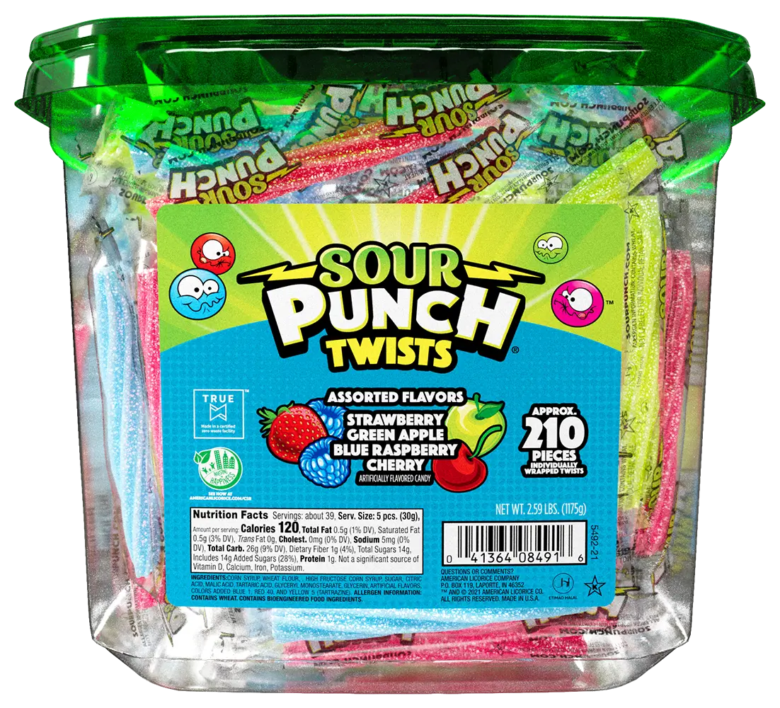 Front of a Sour Punch Jar of individually wrapped Twists