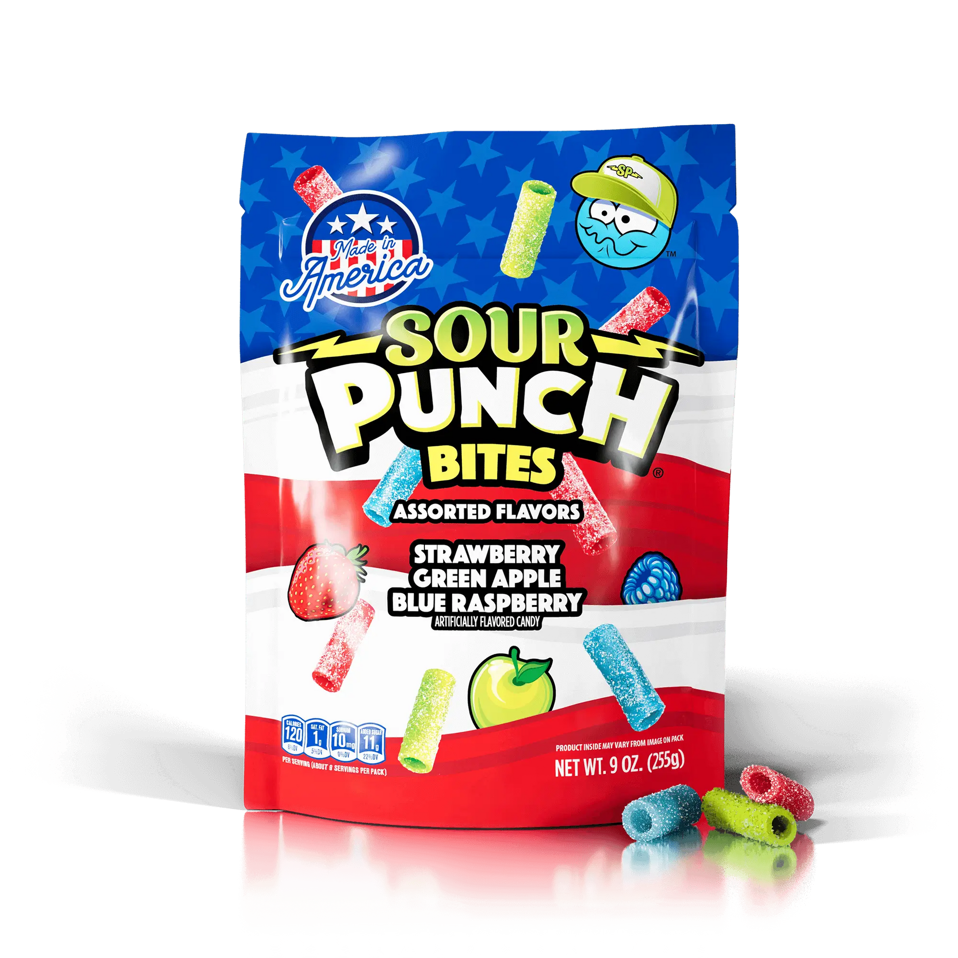 Sour Punch Assorted Americana Candy Bites 9oz summer candy standup bag with raw bite-sized candy pieces in front of bag