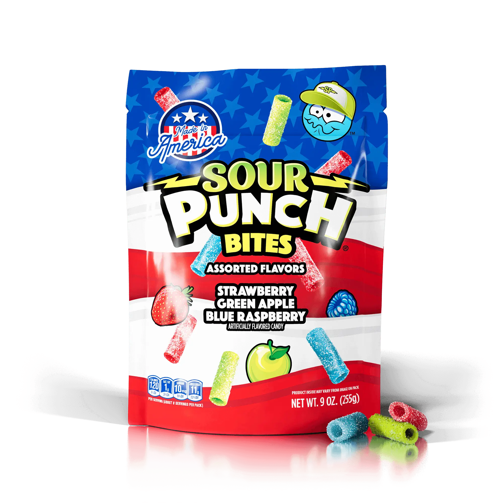 Sour Punch Assorted Americana Candy Bites 9oz summer candy standup bag with raw bite-sized candy pieces in front of bag