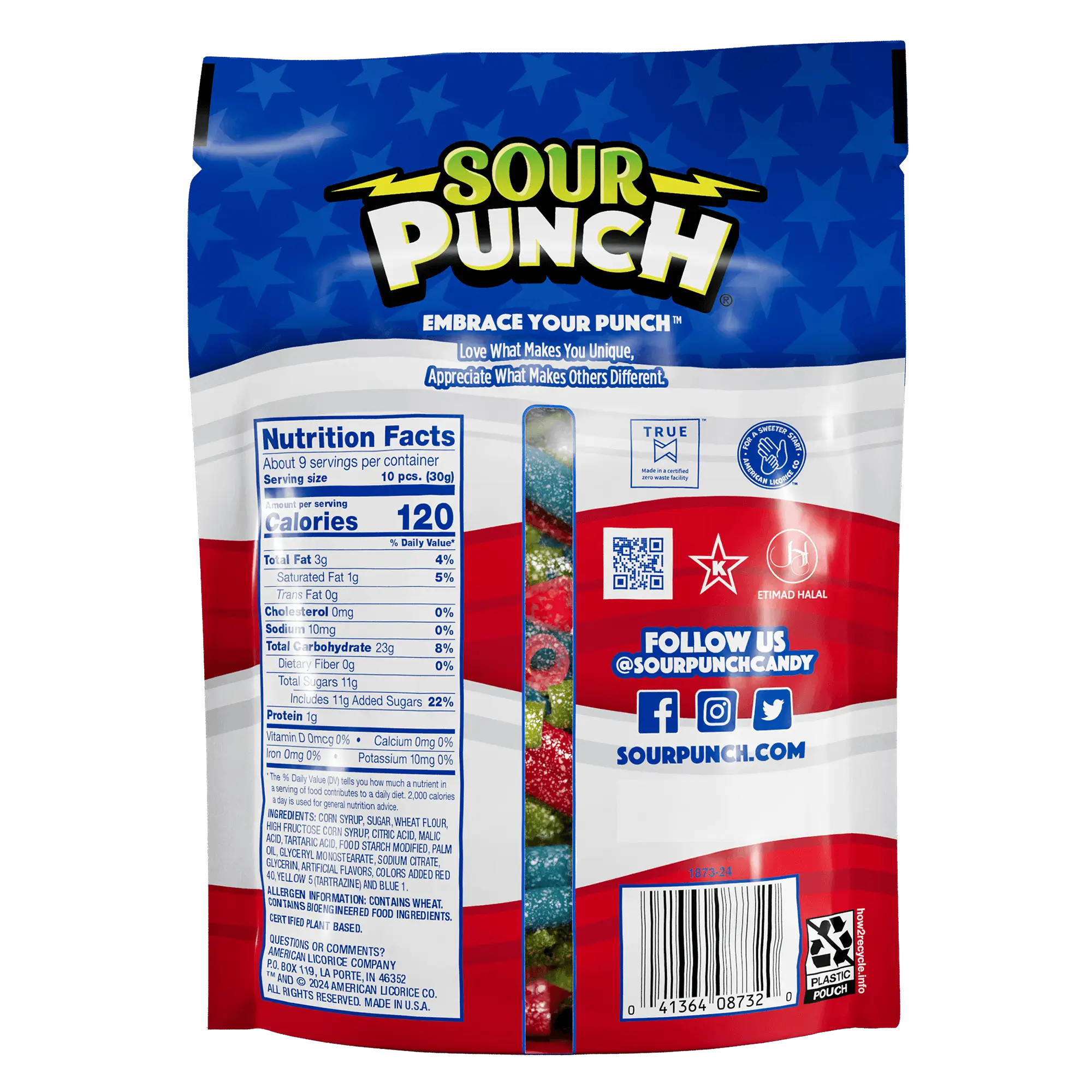 Back of Sour Punch Assorted Americana Candy Bites 9oz summer candy standup bag