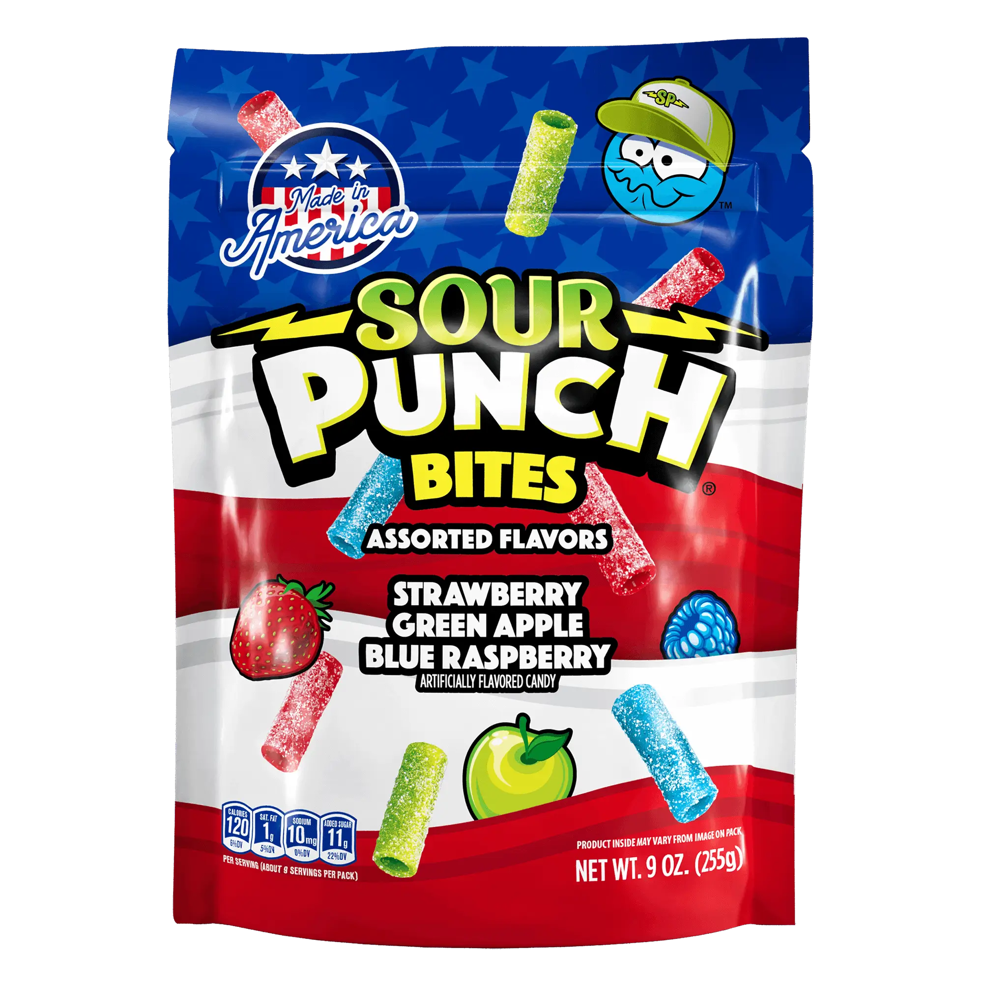 Front of Sour Punch Assorted Americana Candy Bites 9oz summer candy standup bag