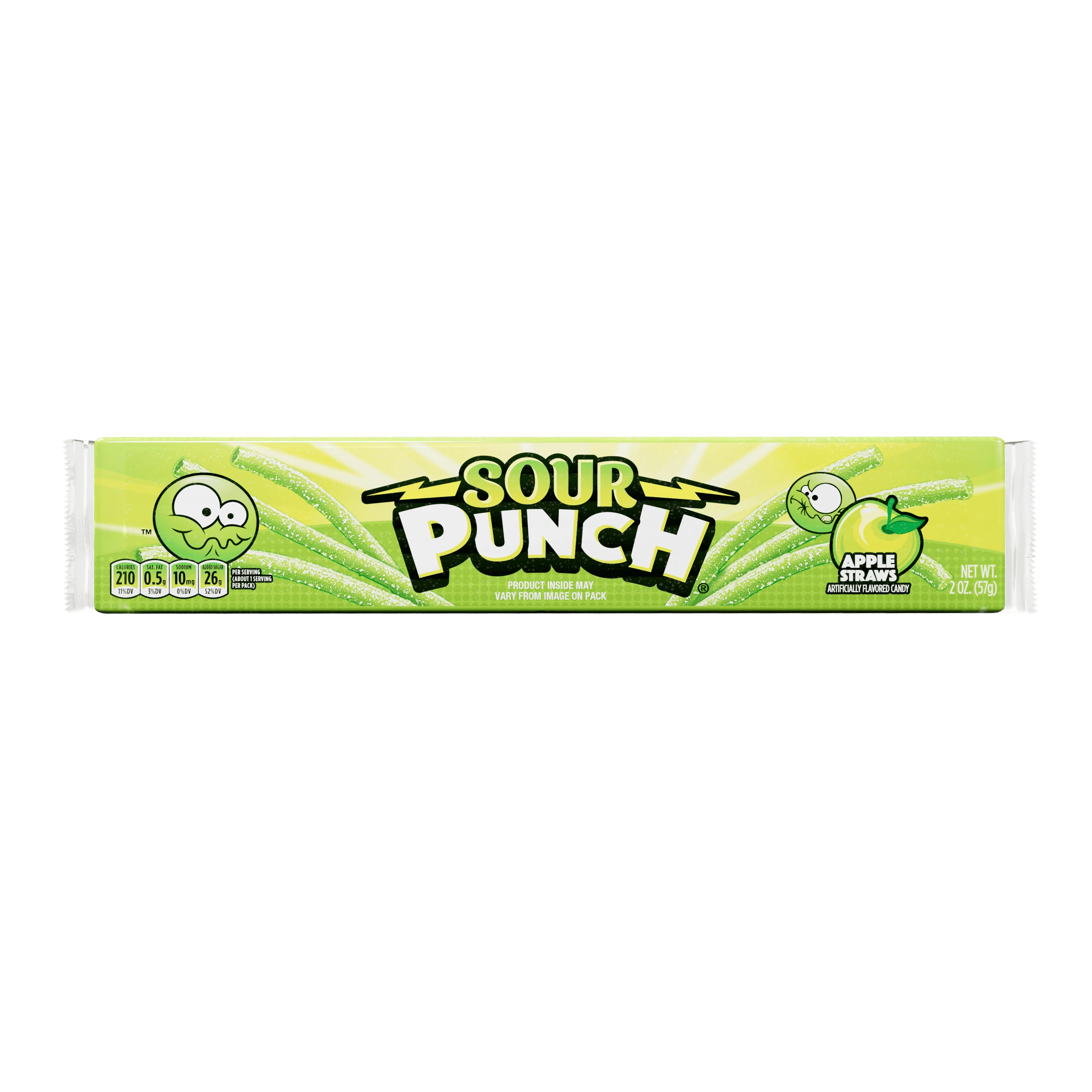 Front of Sour Punch Apple Straws Candy 2oz Tray