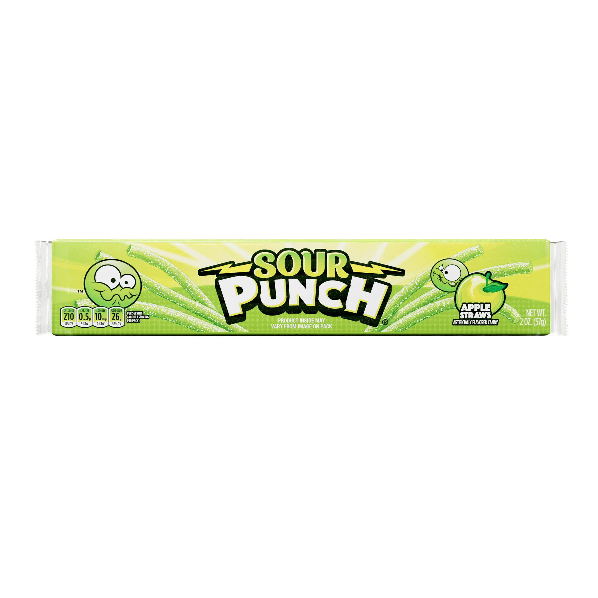 Front of Sour Punch Apple Straws Candy 2oz Tray