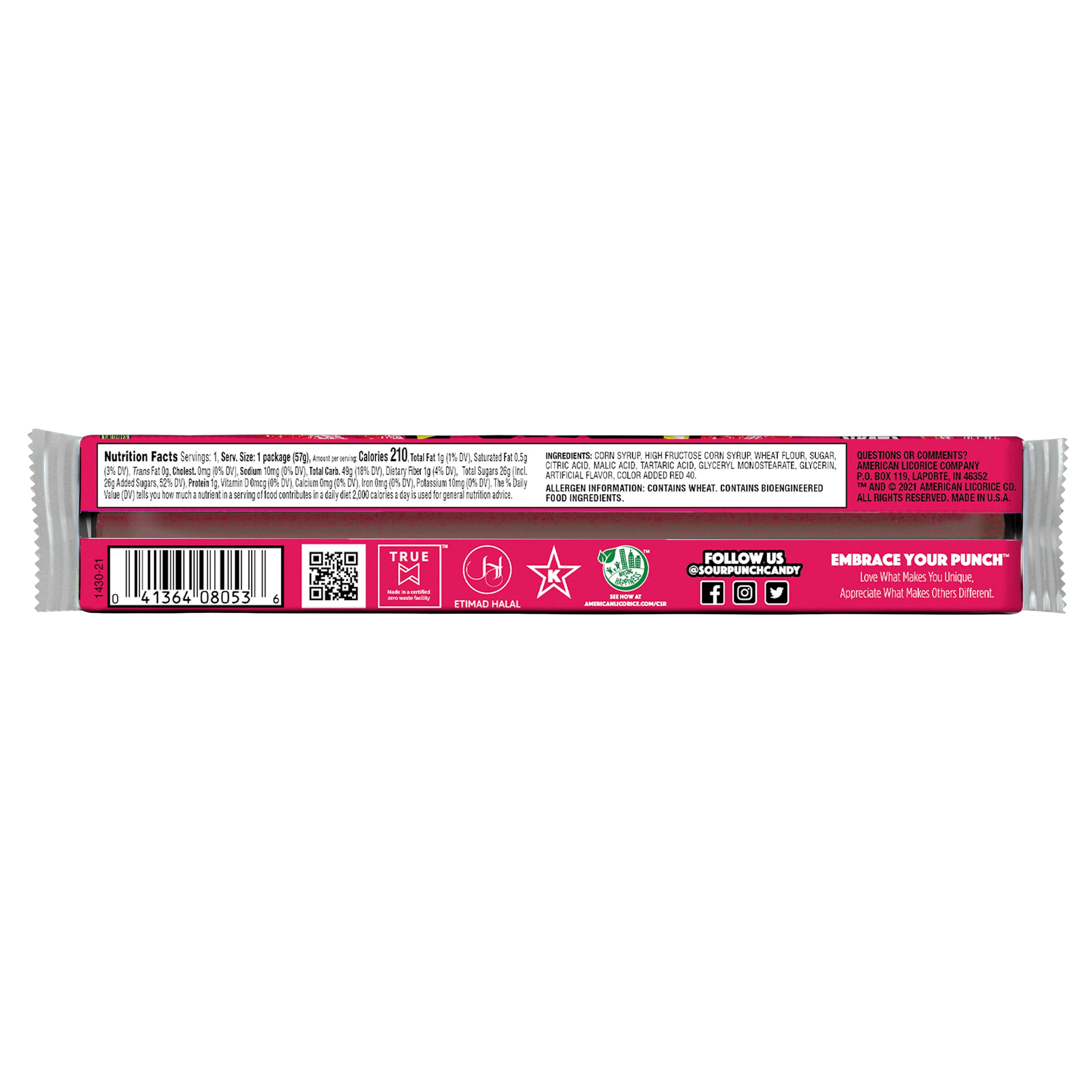 Back of Sour Punch Strawberry Candy Straws 2oz Trays Caddy