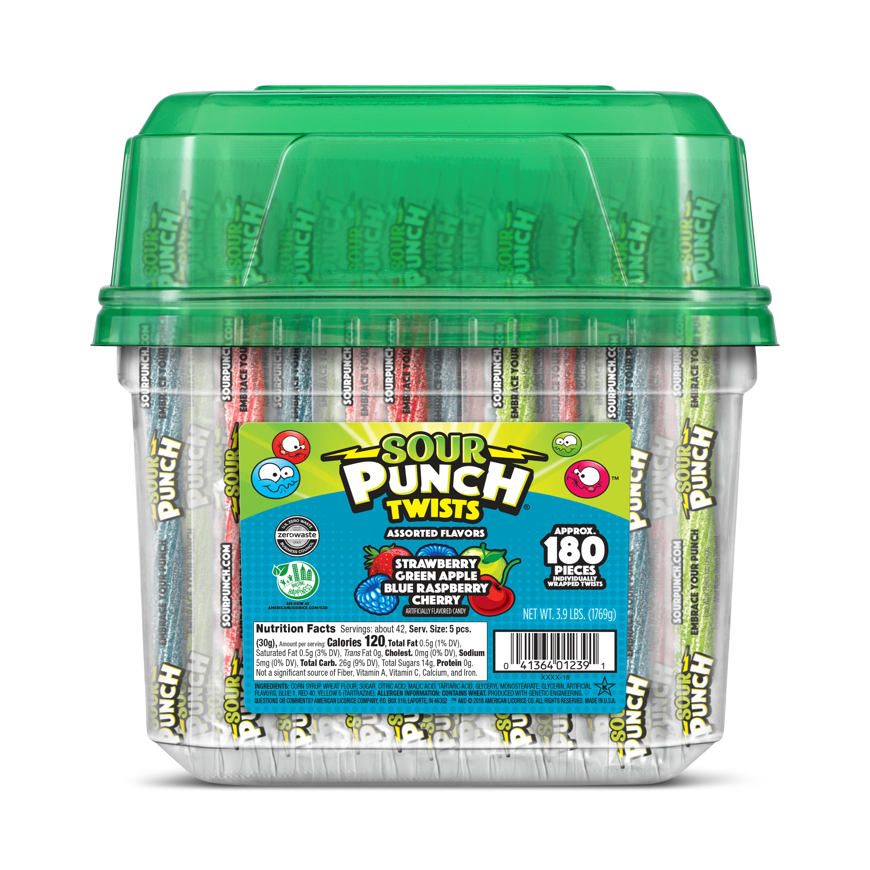 Sour Punch Twists Front of Tub - Sour Twist Candy - 6-inch Individually wrapped candy