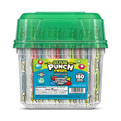 Sour Punch Twists Front of Tub - Sour Twist Candy - 6-inch Individually wrapped candy